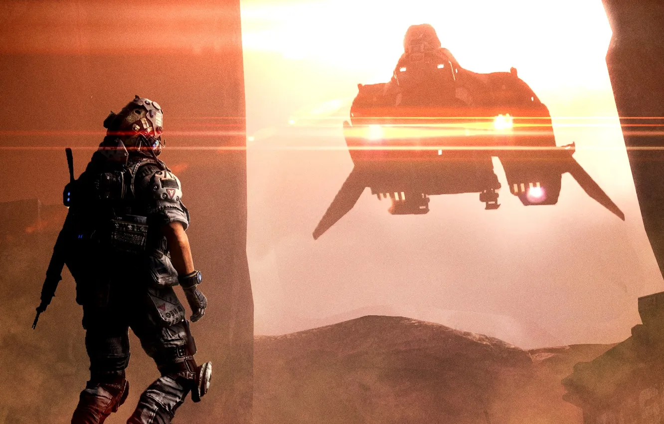 Photo wallpaper the sky, light, lights, ship, robot, soldiers, pilot, equipment