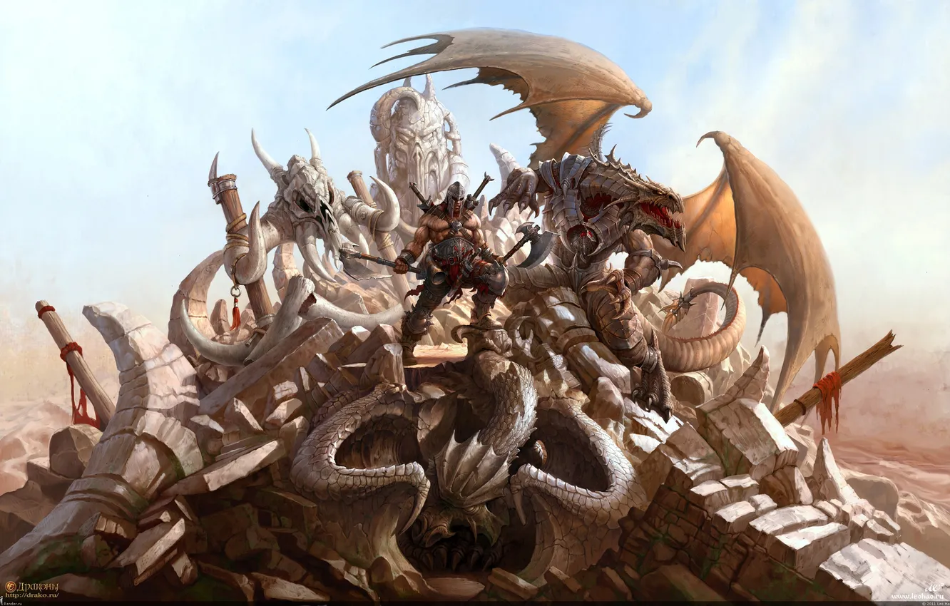 Photo wallpaper dragon, warrior, ruins