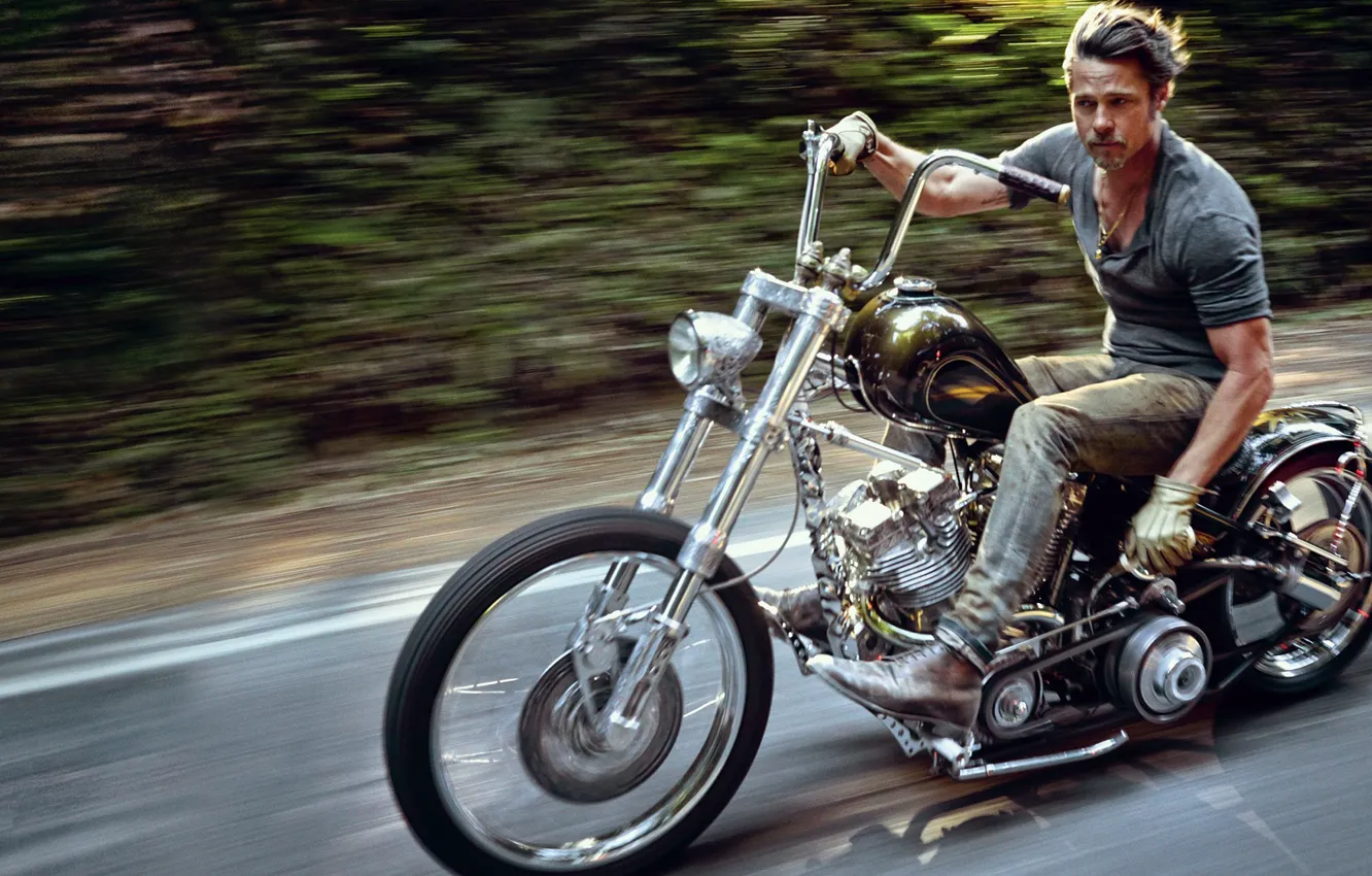 Photo wallpaper road, motorcycle, actor, male, Brad Pitt, Brad Pitt, riding