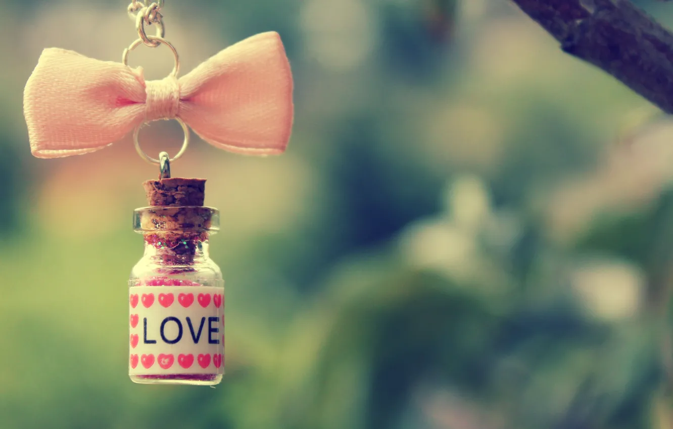 Photo wallpaper love, pink, branch, hearts, chain, bow, bottle