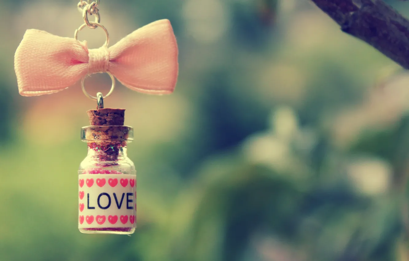Photo wallpaper love, branches, hearts, pink, chain, bow, bottle