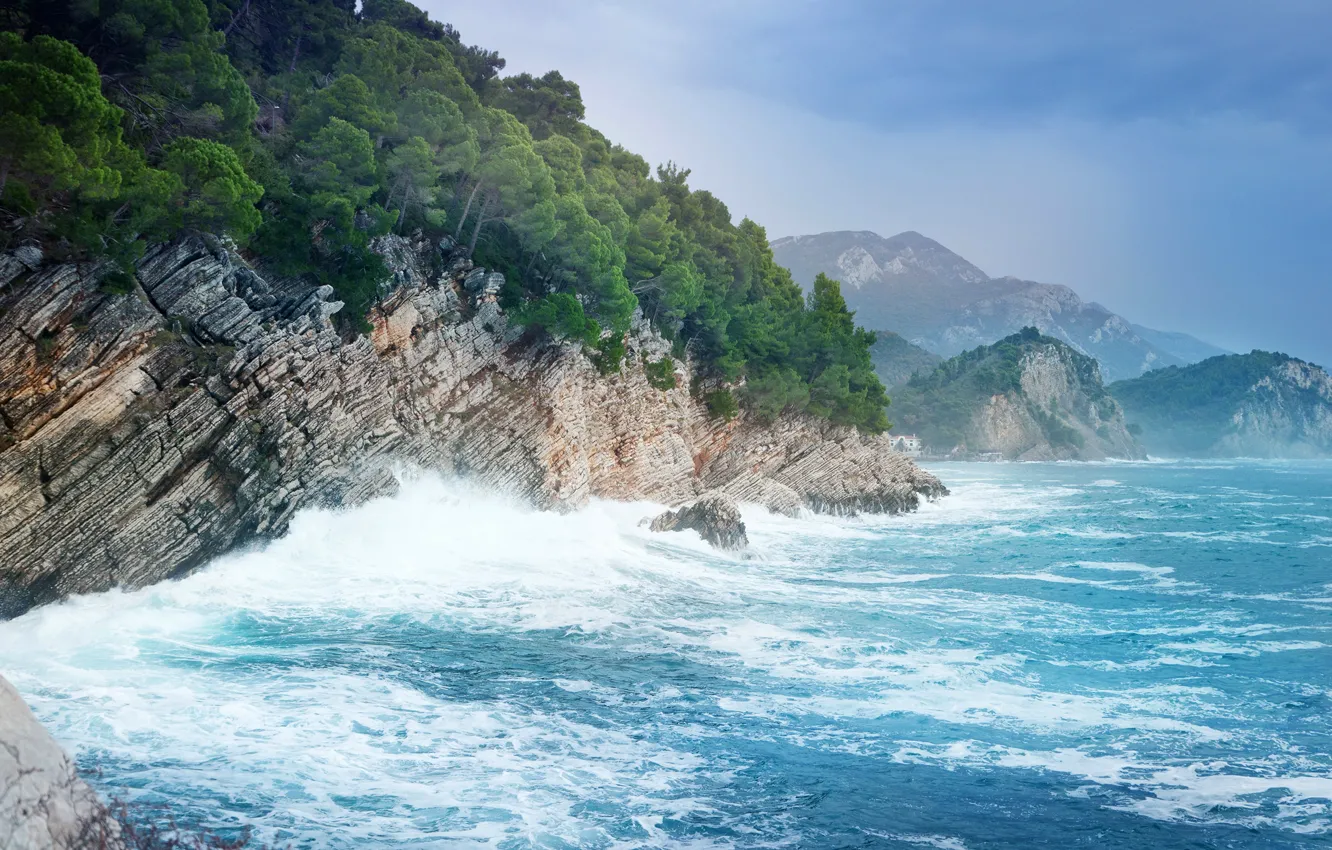 Photo wallpaper sea, mountains, rocks, coast, surf, Montenegro