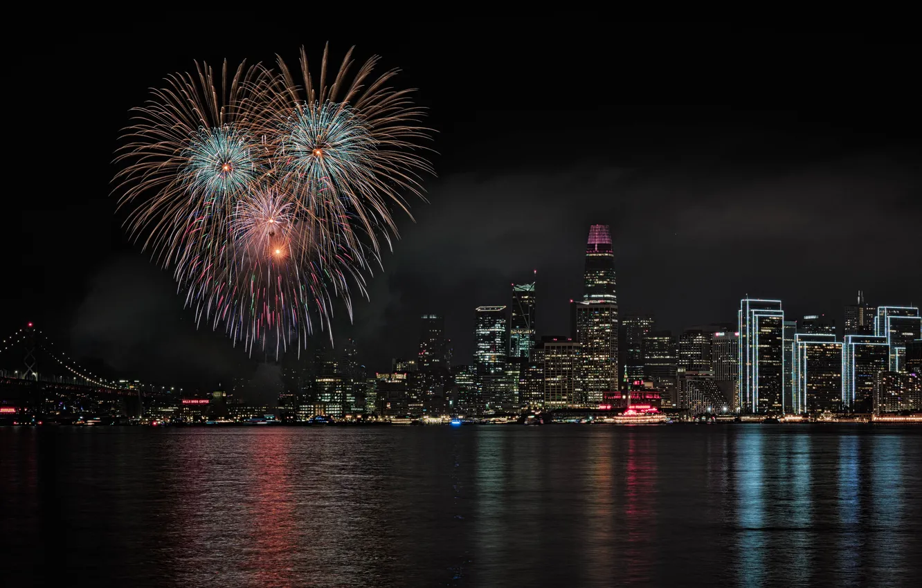 Photo wallpaper city, night, fireworks