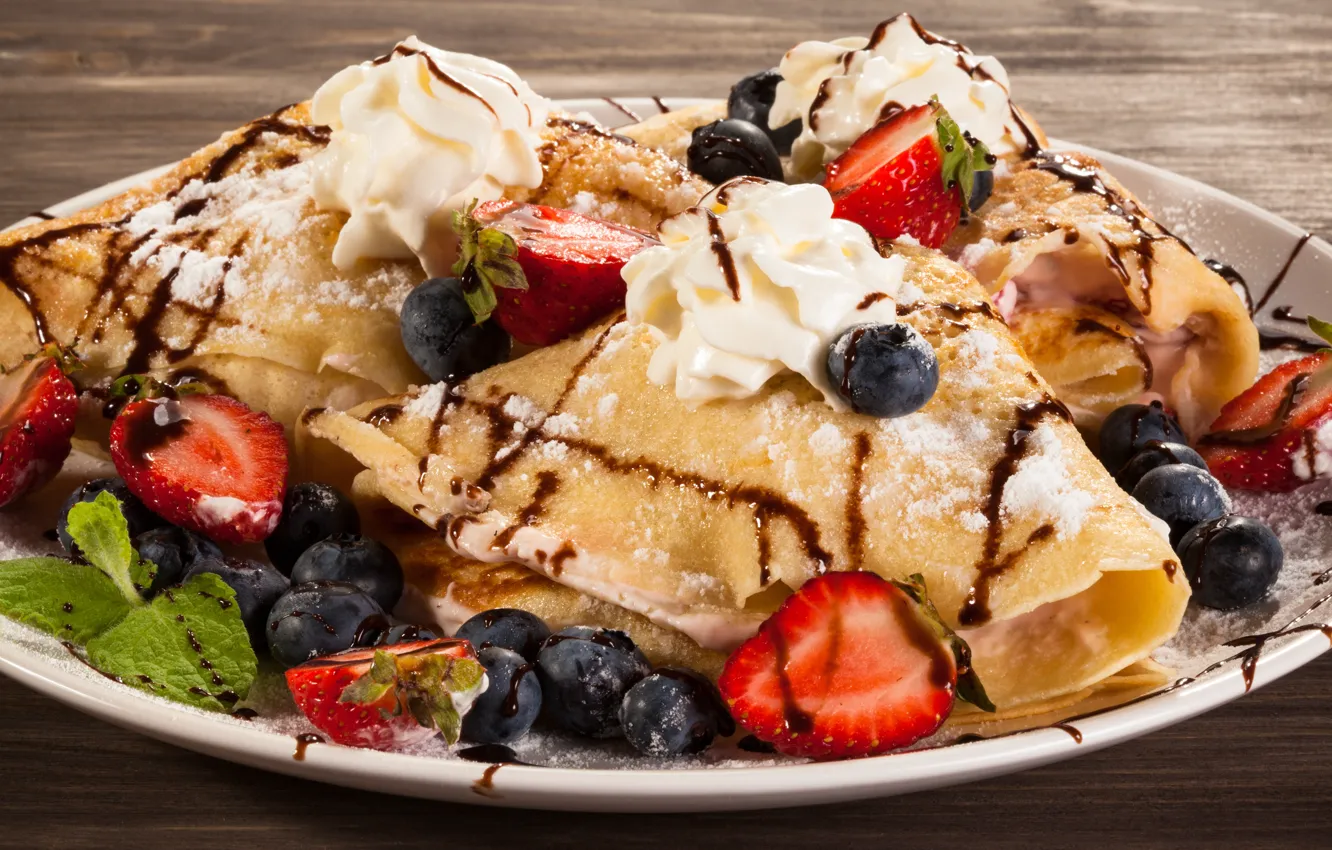 Photo wallpaper chocolate, blueberries, cream, strawberry, pancakes, dessert, cakes, strawberry