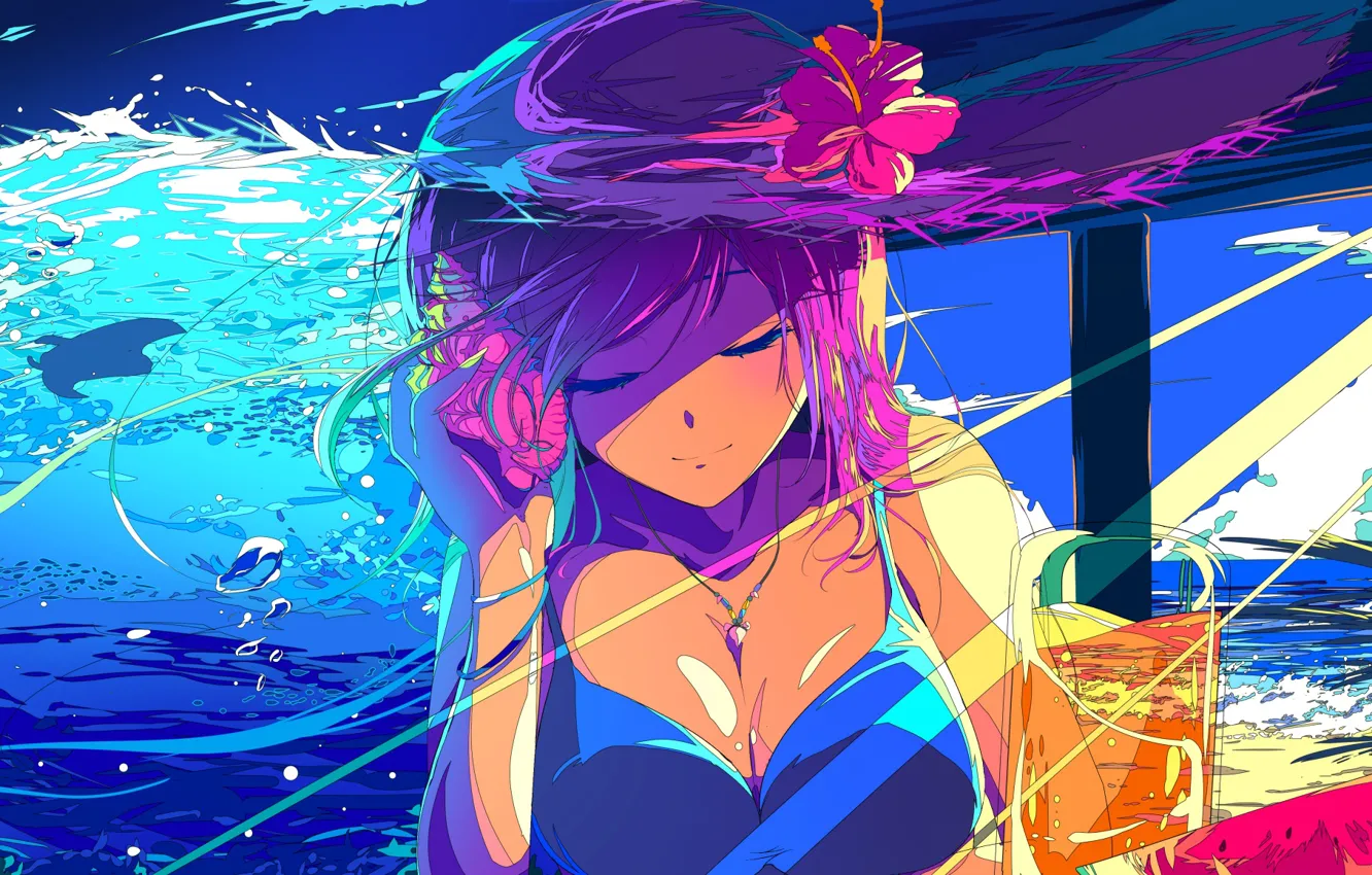 Photo wallpaper girl, flowers, hibiscus