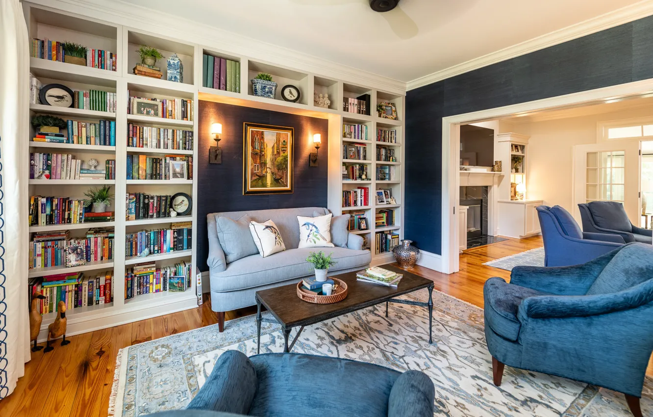 Photo wallpaper design, style, interior, library, living room, by Sandra Ericksen design, Dunes West