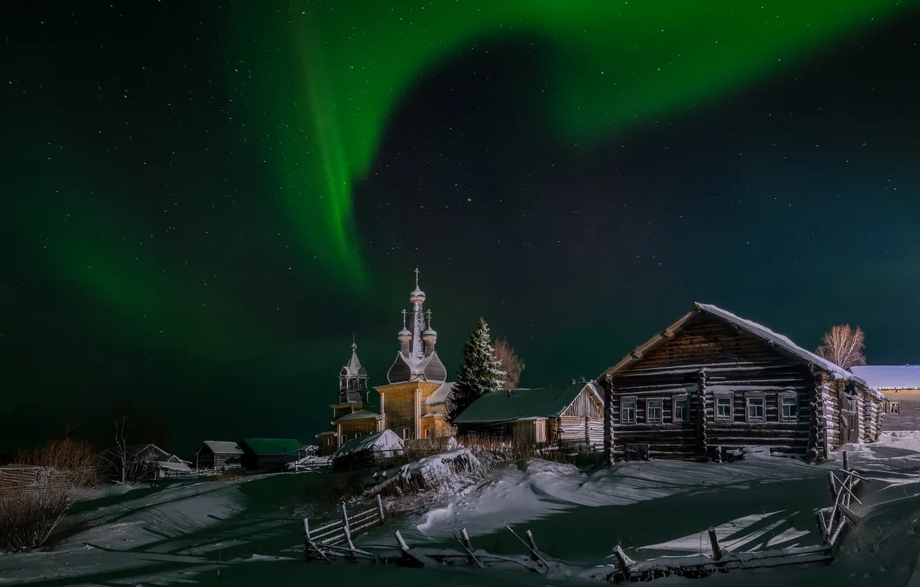 Photo wallpaper winter, snow, night, Church, the dome, hut, polar lights, Evdokimov Maxim