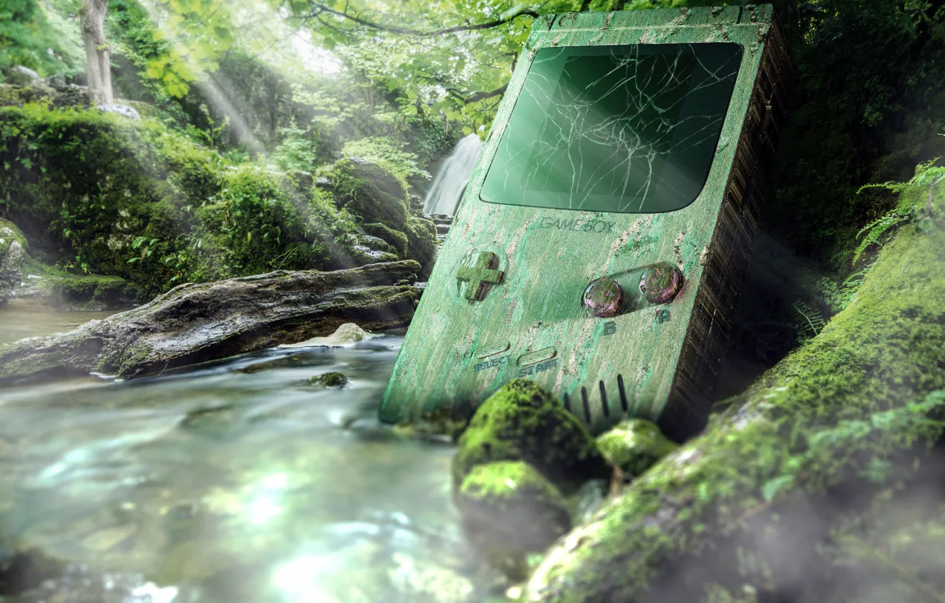 Photo wallpaper forest, retro, digital art, technology, surreal, game console, GameBoy, Retro Console