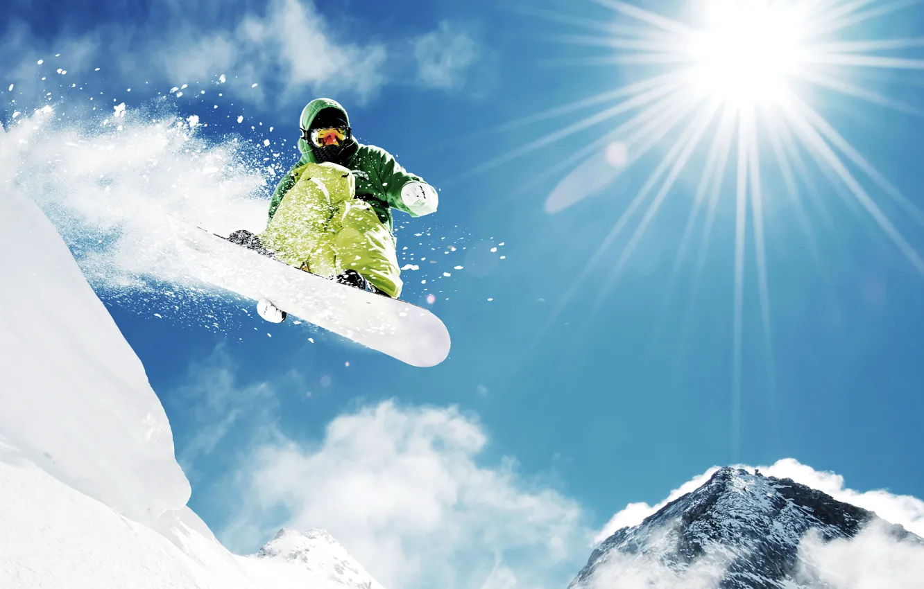 Photo wallpaper Nature, Winter, Mountains, Snow, Sport, Snowboard, Rays