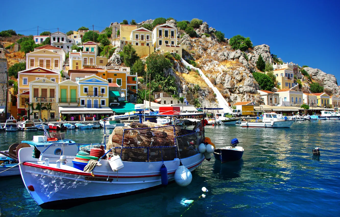 Photo wallpaper sea, mountains, nature, boat, home, Greece, cargo, Greece