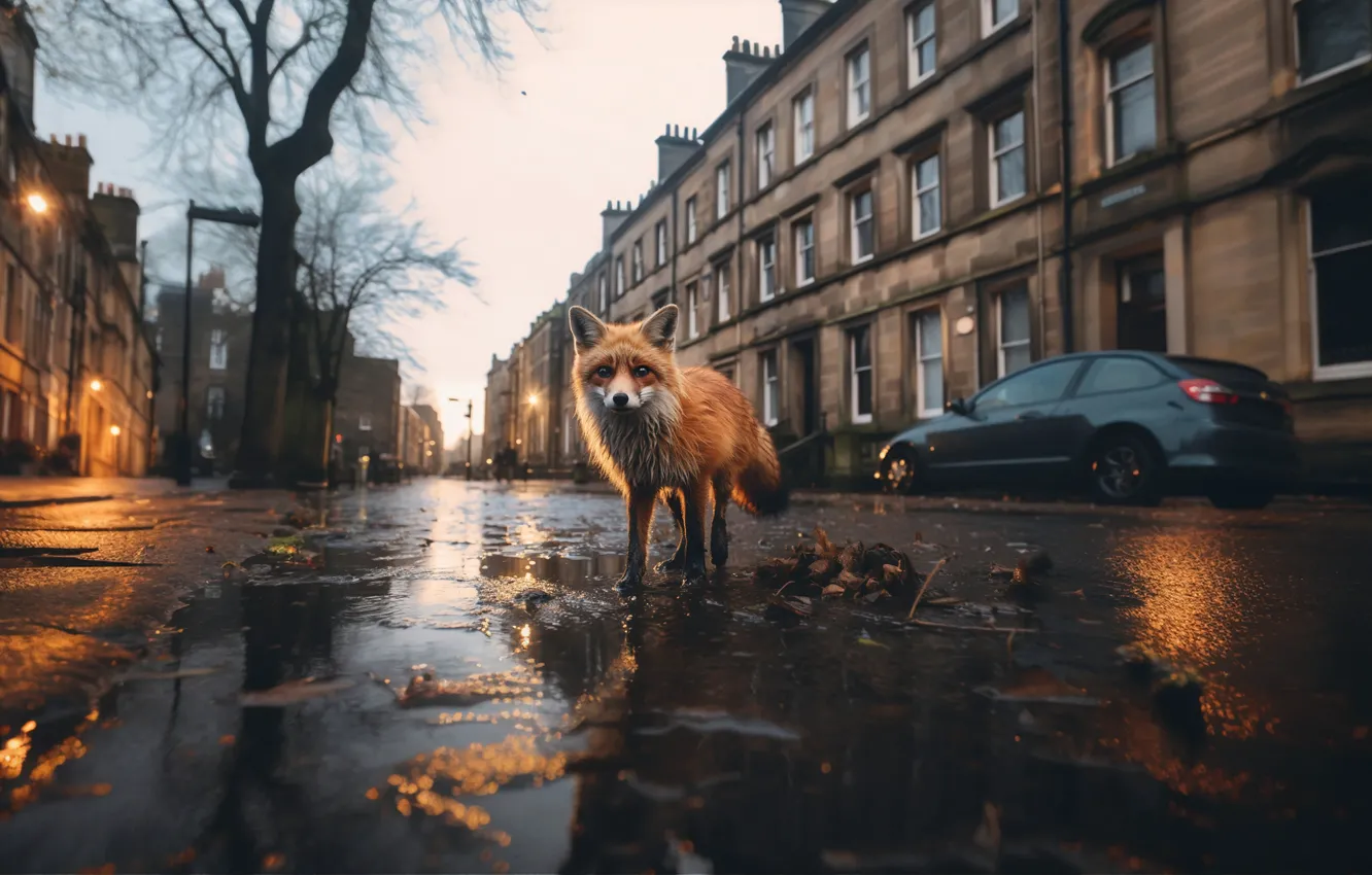 Photo wallpaper road, machine, look, trees, the city, rain, building, home