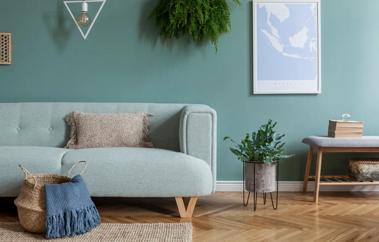 Photo wallpaper design, style, interior, sofa, mint-green living room, menthol lounge