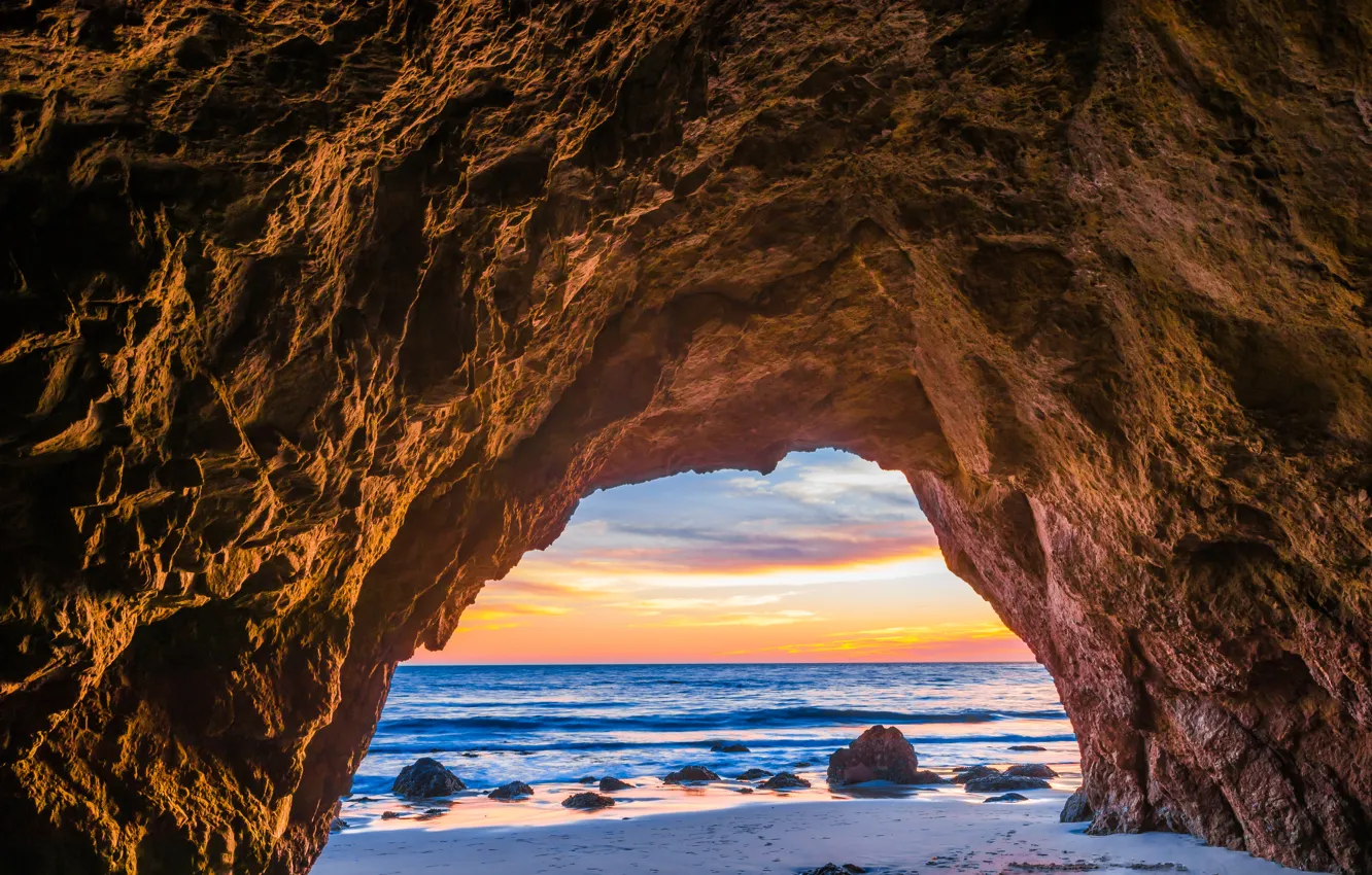 Photo wallpaper wave, light, sunset, rock, stones, the ocean, CA, cave