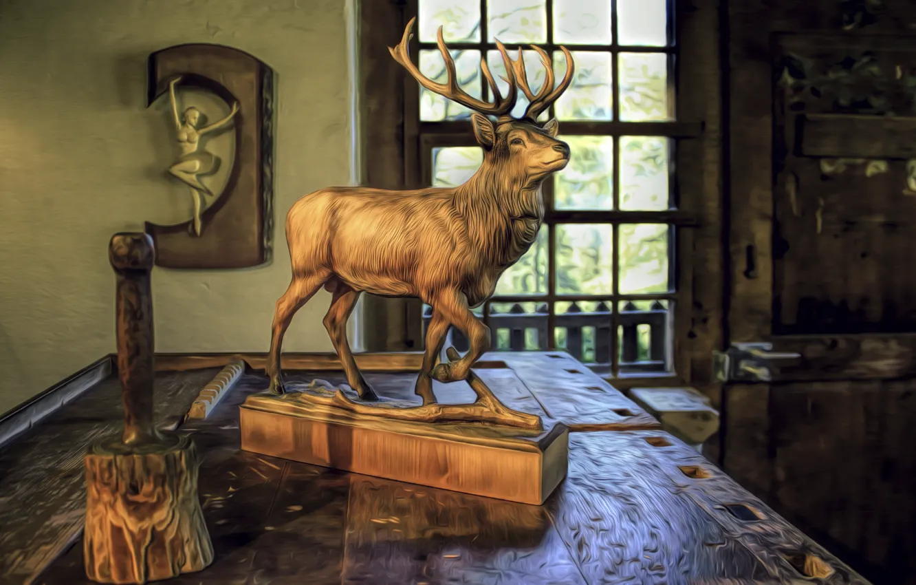 Photo wallpaper trees, deer, figures, thread