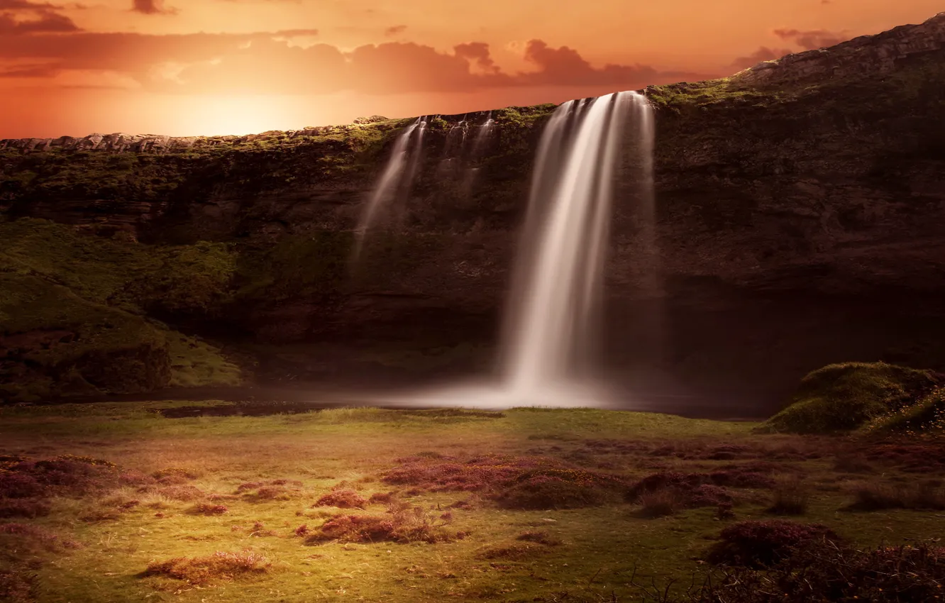 Photo wallpaper landscape, sunset, nature, rendering, rocks, waterfall, stream, Iceland