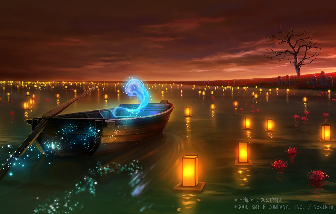 Photo wallpaper boat, flashlight, shower, Touhou Project, he lost his parents,, The Sea Of Tranquility, mystical fire