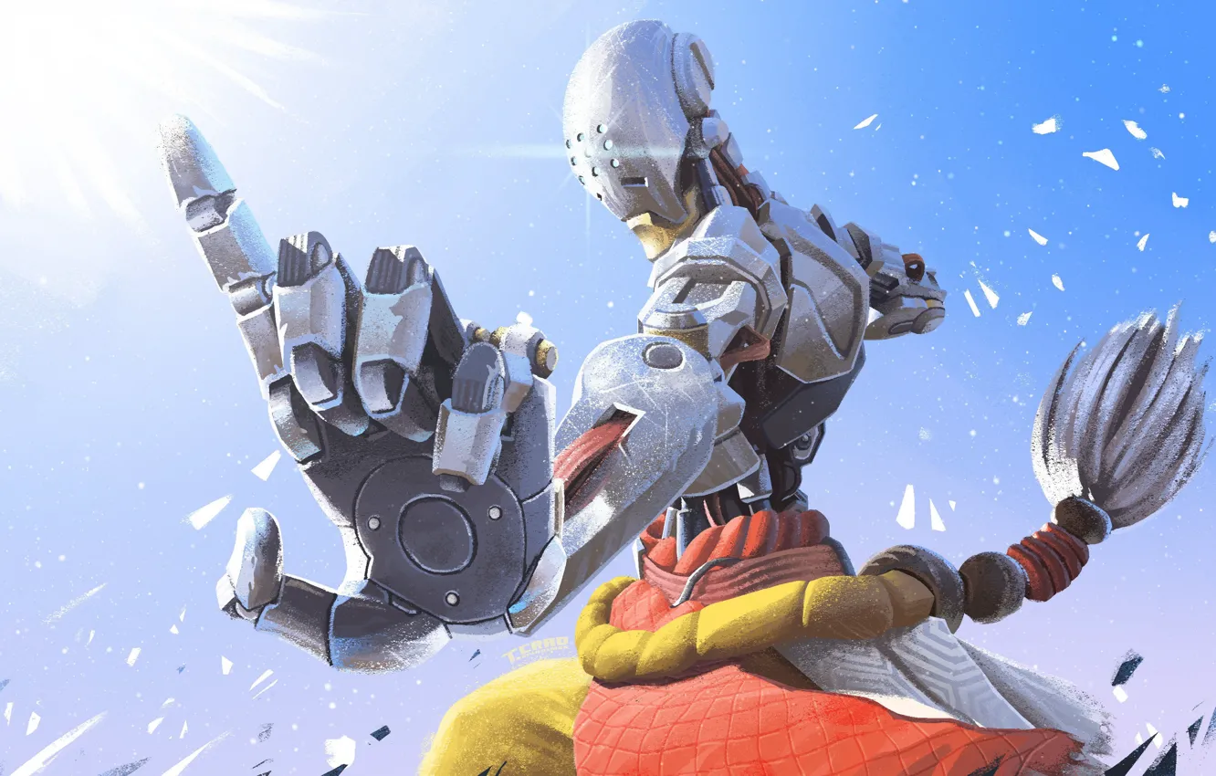 Photo wallpaper calm, robot, braid, stand, tranquility, Overwatch