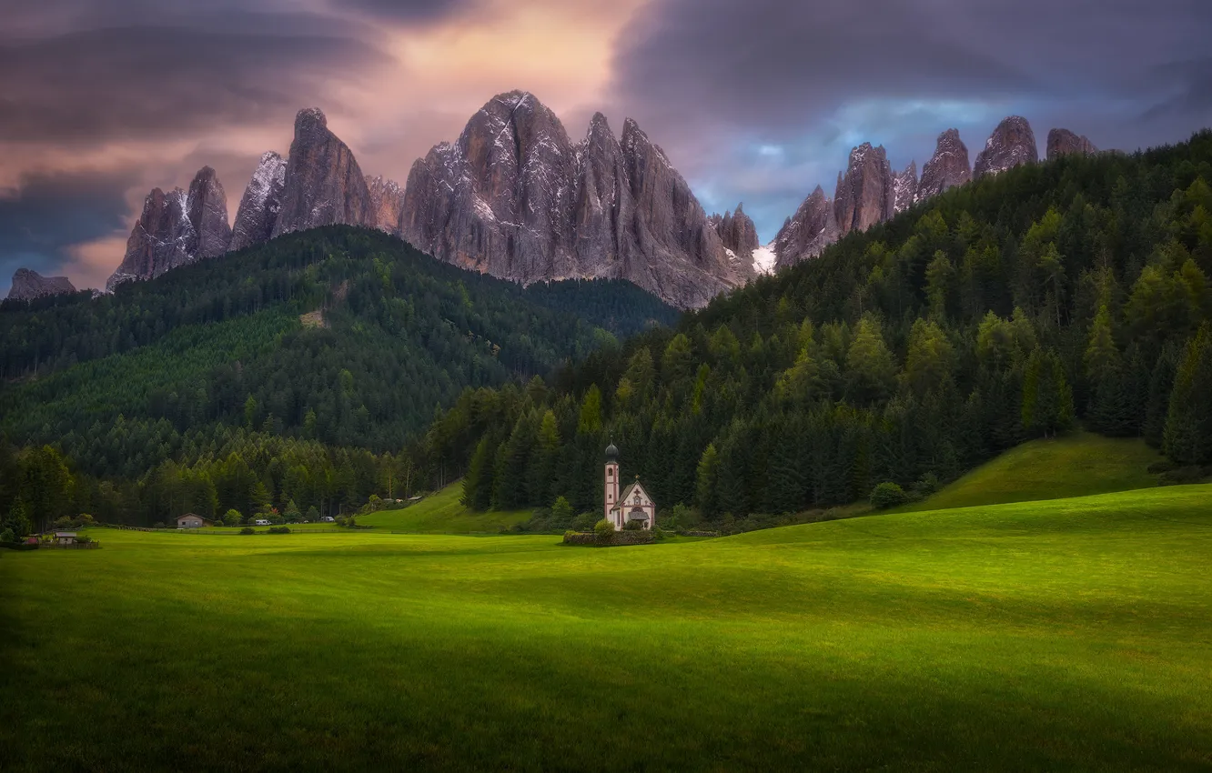 Photo wallpaper forest, mountains, Alps, Church, meadows
