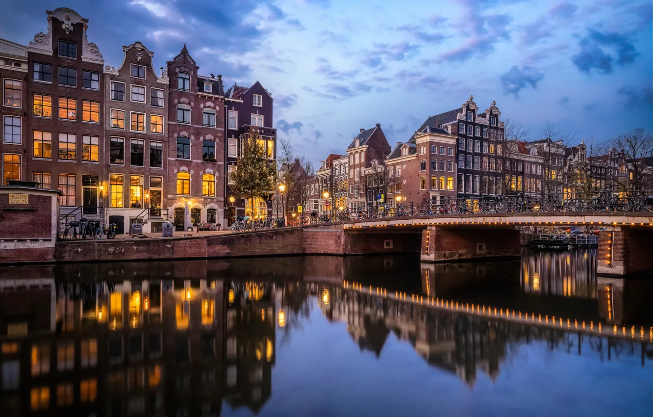 Photo wallpaper bridge, reflection, building, home, Amsterdam, channel, Netherlands, Amsterdam