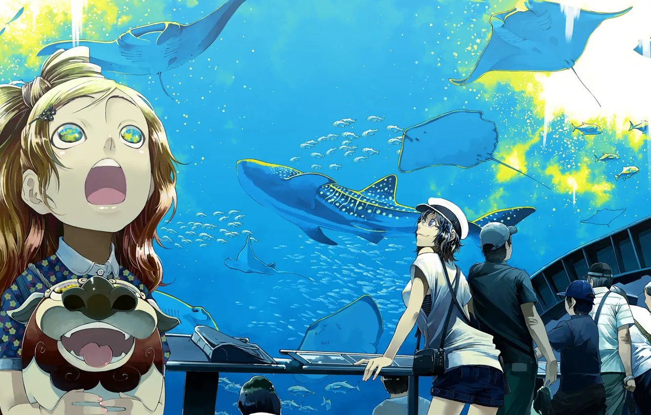 Photo wallpaper fish, people, aquarium, anime, art, rays