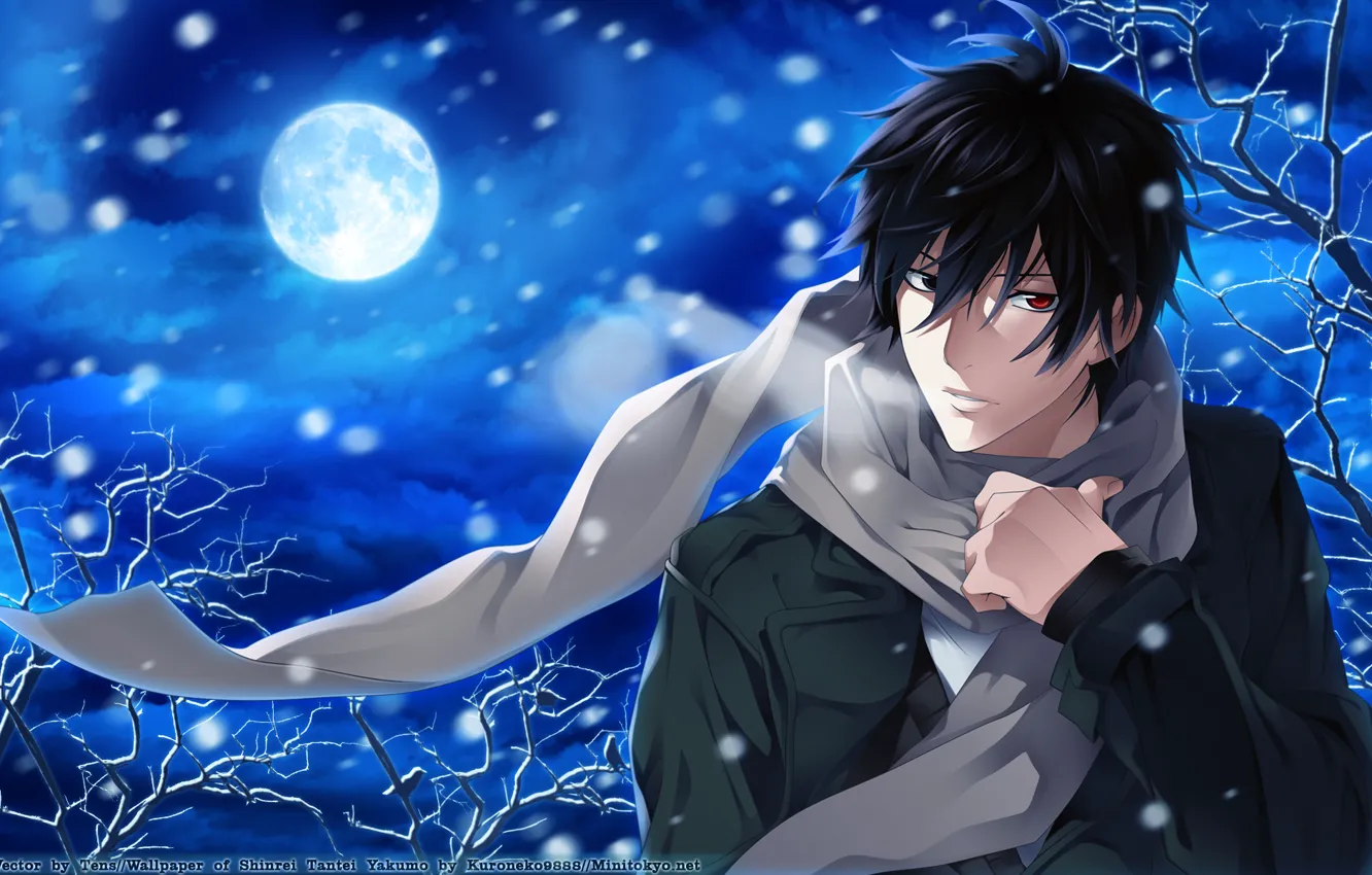 Photo wallpaper snow, night, the moon, anime, scarf, guy, Psychic Detective Yakumo