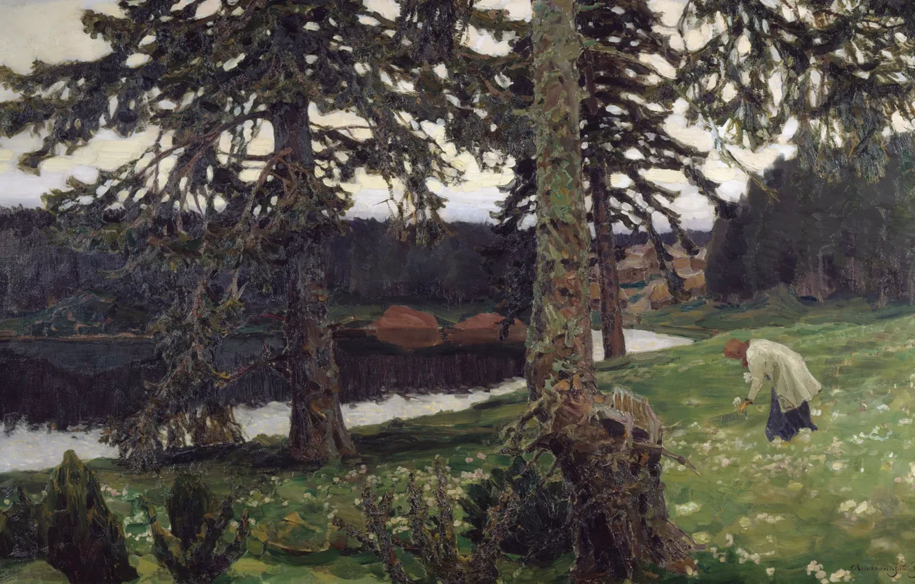 Photo wallpaper forest, oil, Lake, Canvas, white flowers, Apollinary VASNETSOV, (1856-1933), 1902