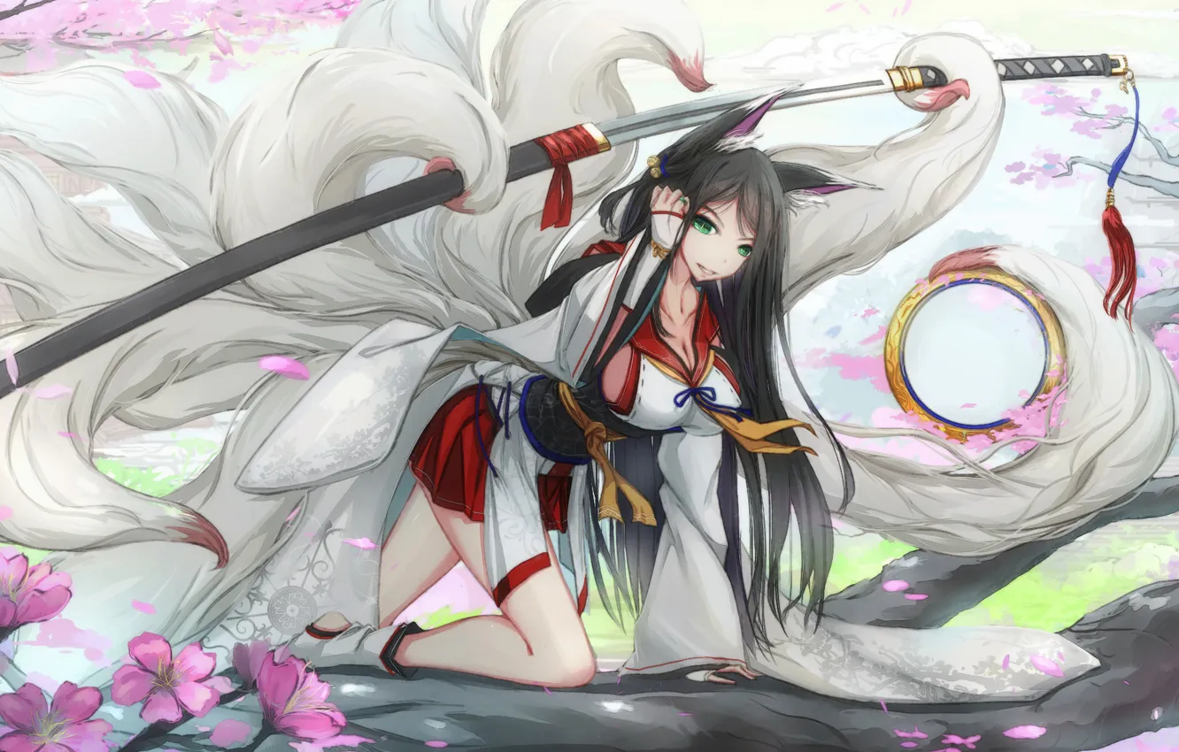 Photo wallpaper girl, trees, flowers, weapons, katana, anime, petals, Sakura