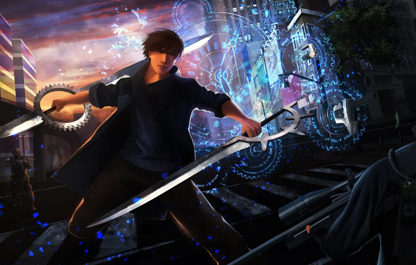 Photo wallpaper weapons, magic, sword, art, soldiers, guy