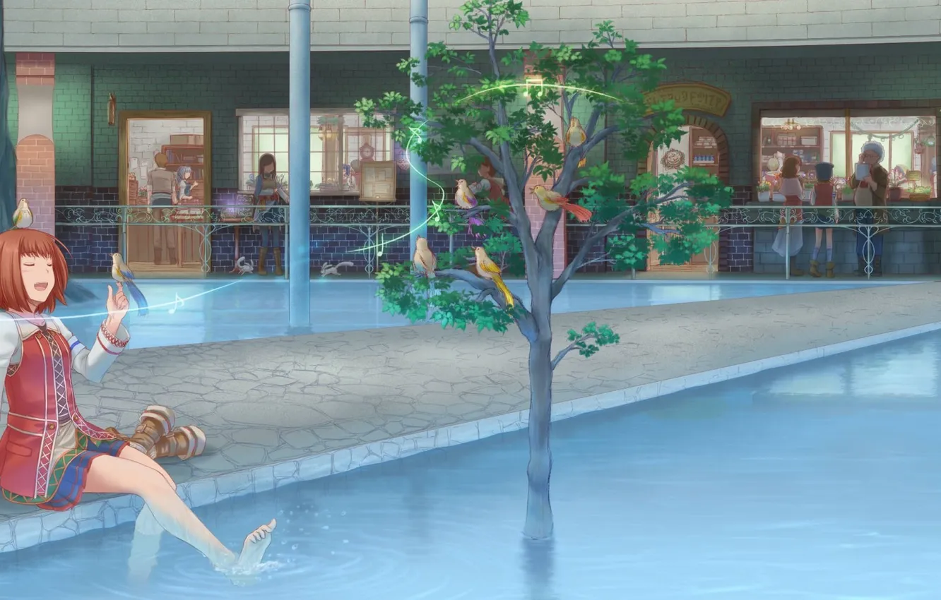 Photo wallpaper water, girl, trees, joy, people, anime, art, bird