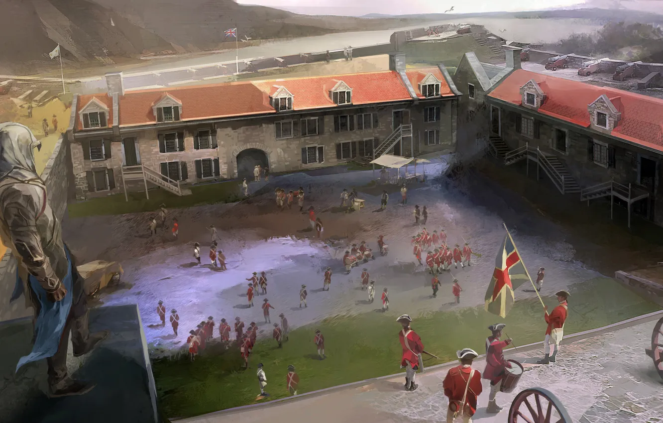 Photo wallpaper the city, eagle, building, flag, soldiers, America, assassin, Connor