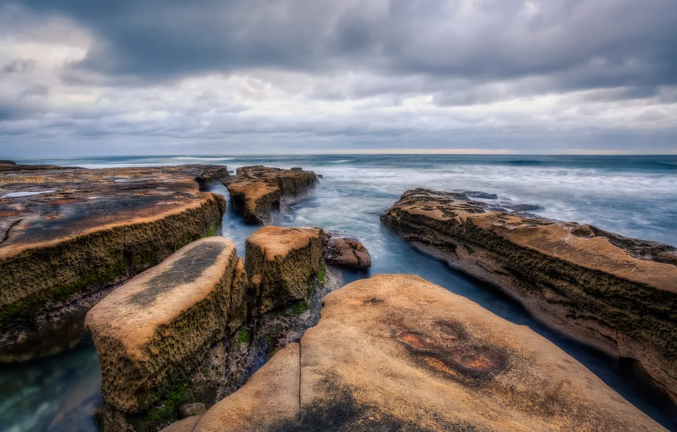 Photo wallpaper sea, the sky, clouds, clouds, stones, rocks