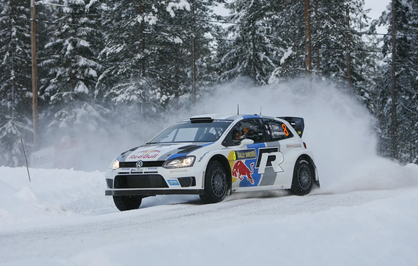 Photo wallpaper Winter, Snow, Volkswagen, WRC, Rally, Polo, Sebastien Ogier, Julien Ingrassia