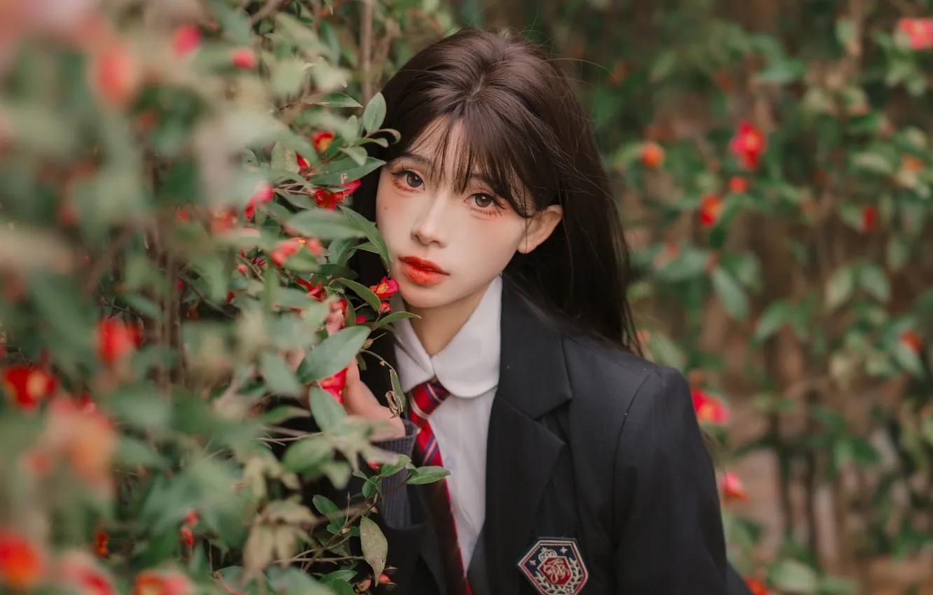 Photo wallpaper woman, flowers, beautiful, model, pretty, asian, cute, uniform