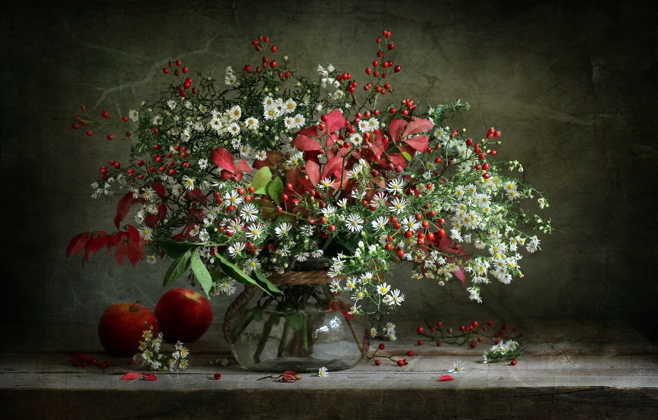 Photo wallpaper leaves, berries, apples, chamomile, bouquet