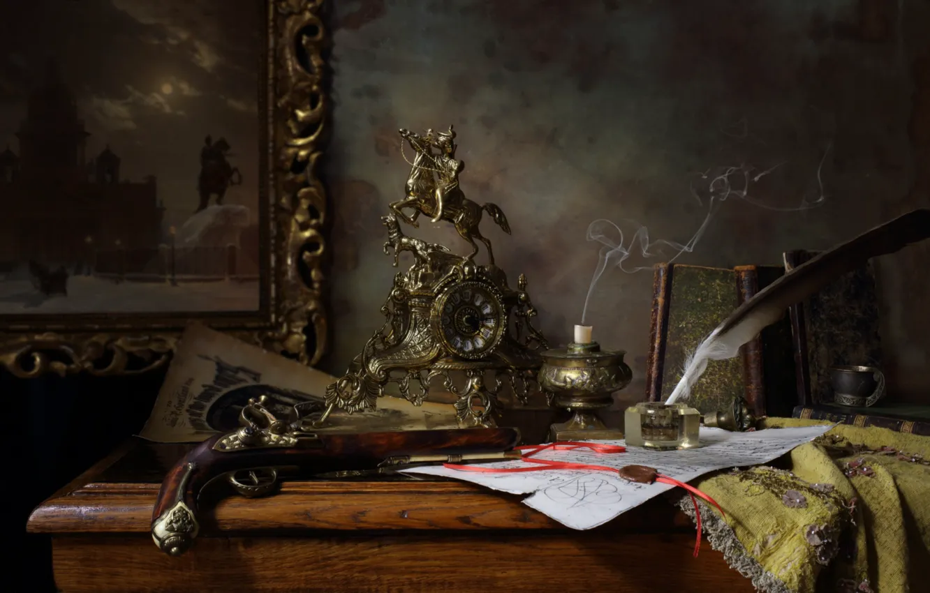 Photo wallpaper gun, pen, watch, books, candle, rider, ink