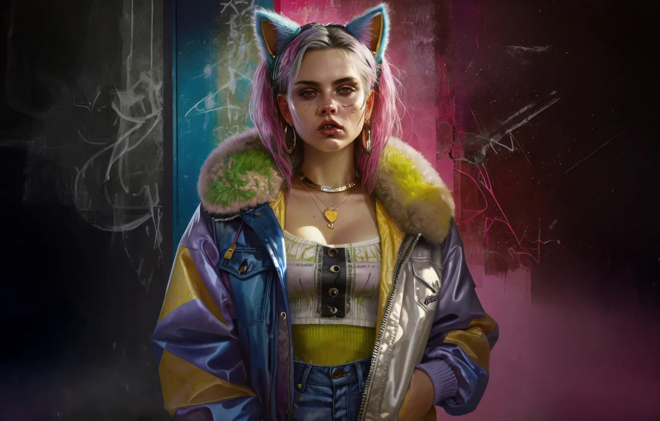 Photo wallpaper Neon, Cyberpunk, Cat Girl
