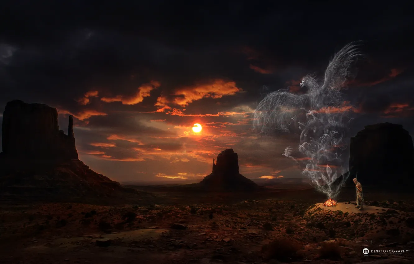 Photo wallpaper creative, bird, the moon, smoke, people, the fire, desktopography