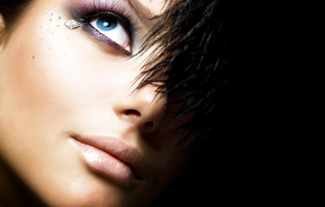 Photo wallpaper girl, eyes, feathers, makeup, rhinestones, black background