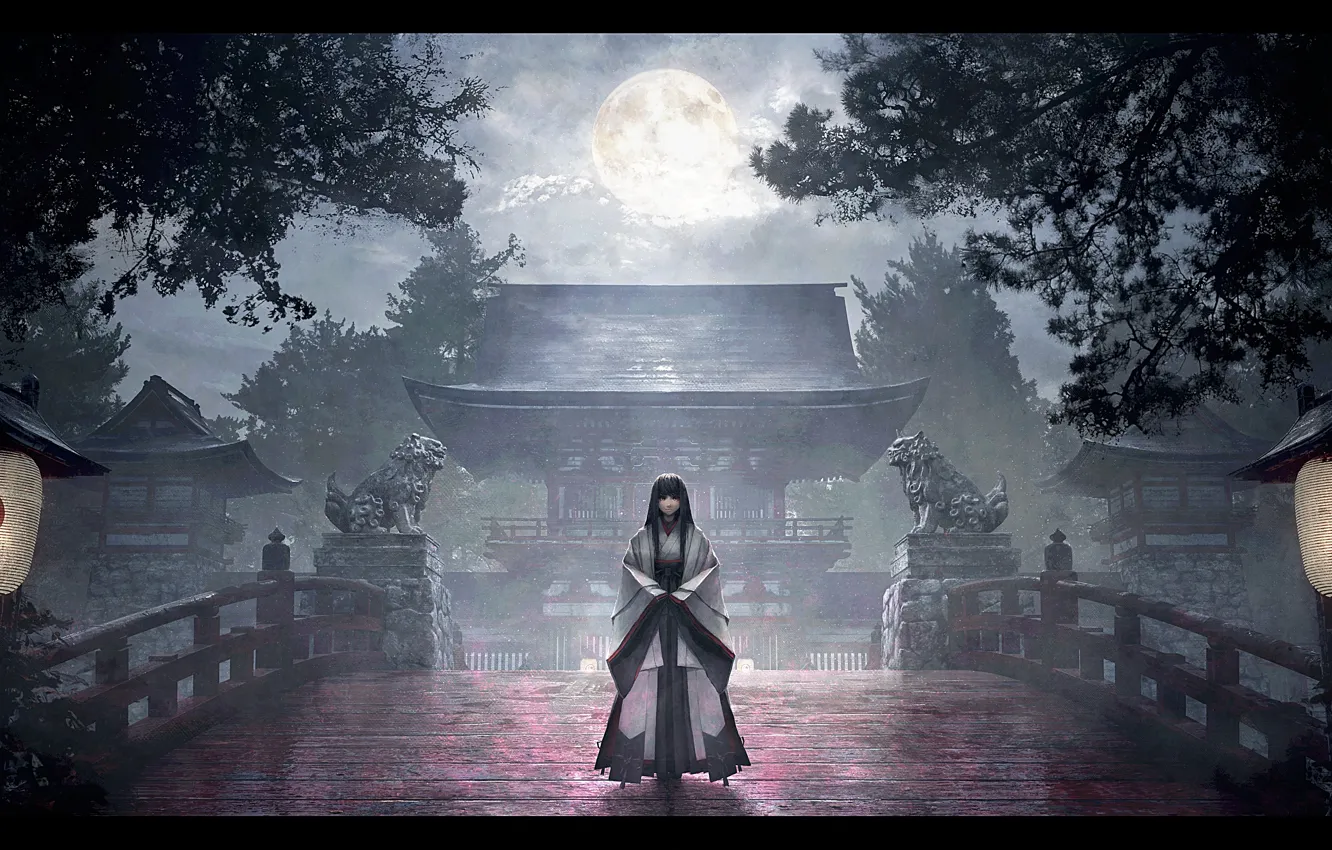 Photo wallpaper girl, trees, fog, the moon, temple