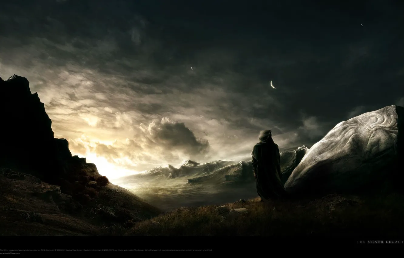 Photo wallpaper stars, mountains, the moon, stone, valley, the wanderer