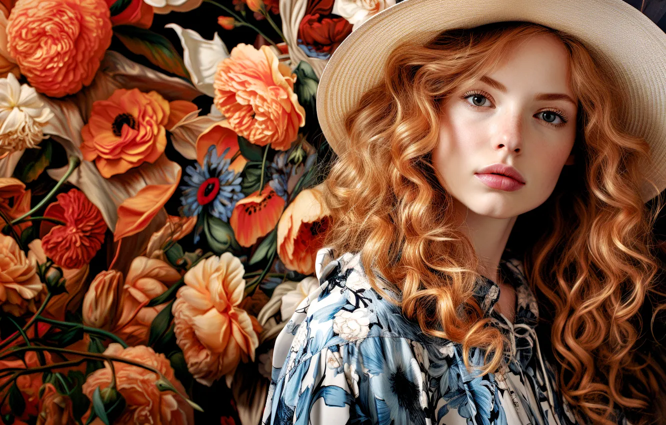 Photo wallpaper portrait, flowers, hat, girl, AI art, neural network