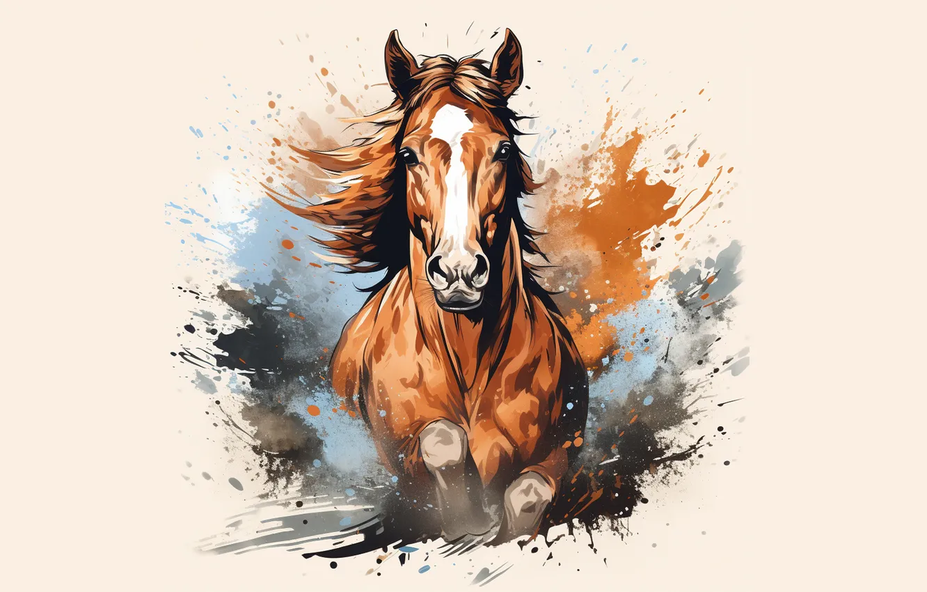 Photo wallpaper squirt, horse, horse, watercolor, painting, beige background, imitation of watercolor, AI art