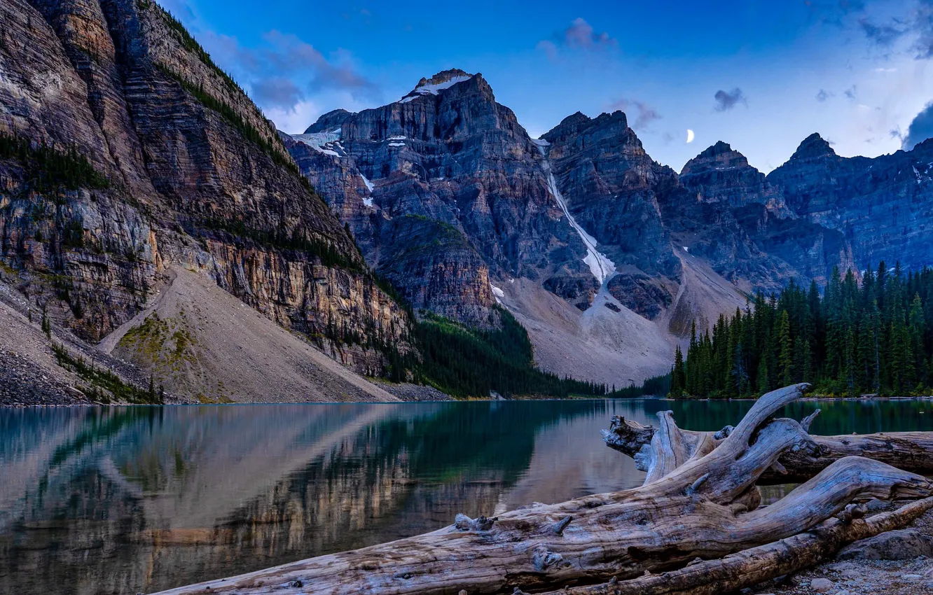 Photo wallpaper forest, the sky, trees, mountains, lake, stones, rocks, the moon