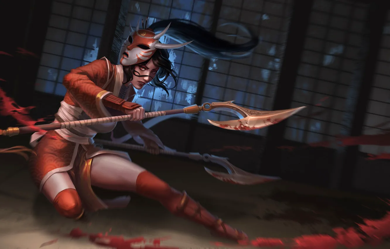 Photo wallpaper mask, axes, the fight, Akali, League of Legends, League Of Legends, blood spatter, a pool …