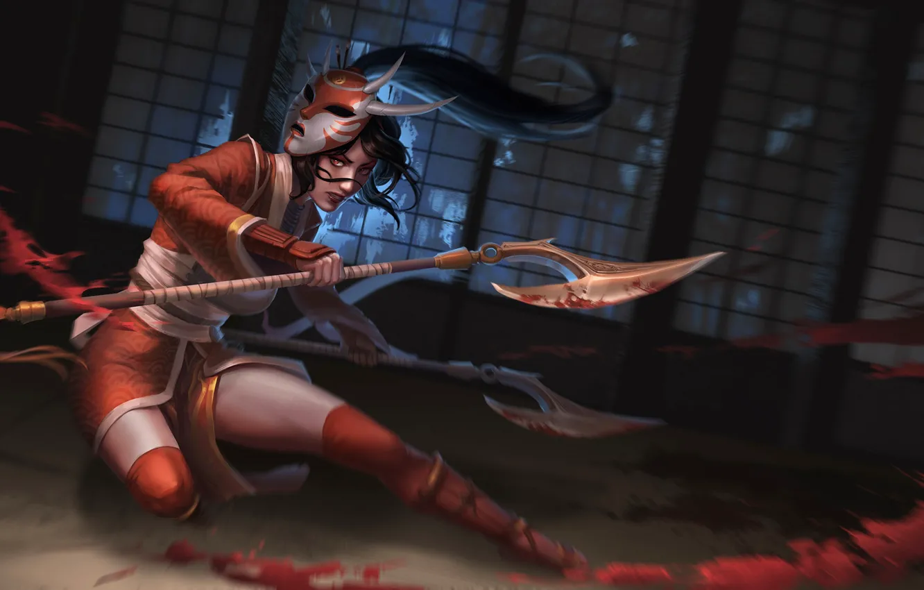 Photo wallpaper mask, axe, the fight, Akali, League of Legends, League Of Legends, blood spatter, a pool …