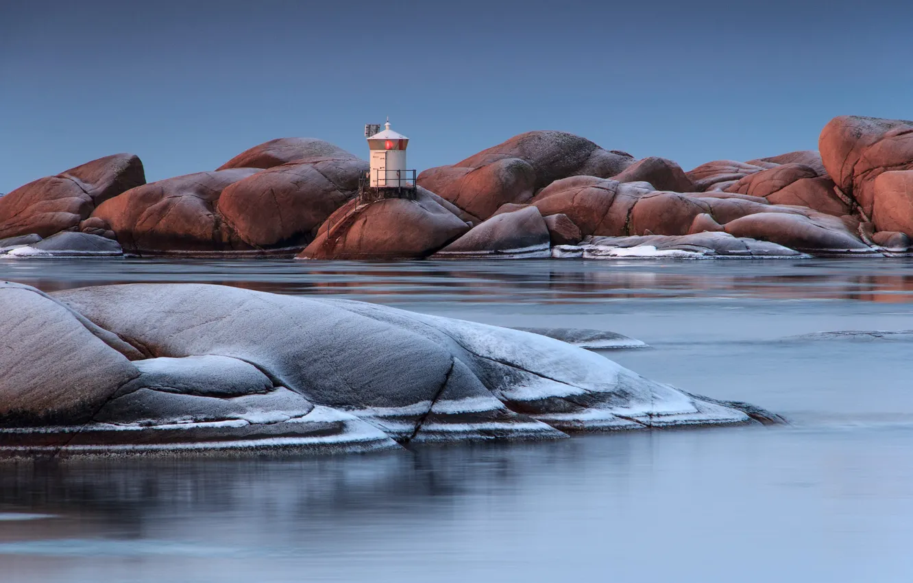 Photo wallpaper winter, frost, sea, the sky, snow, stones, rocks, shore