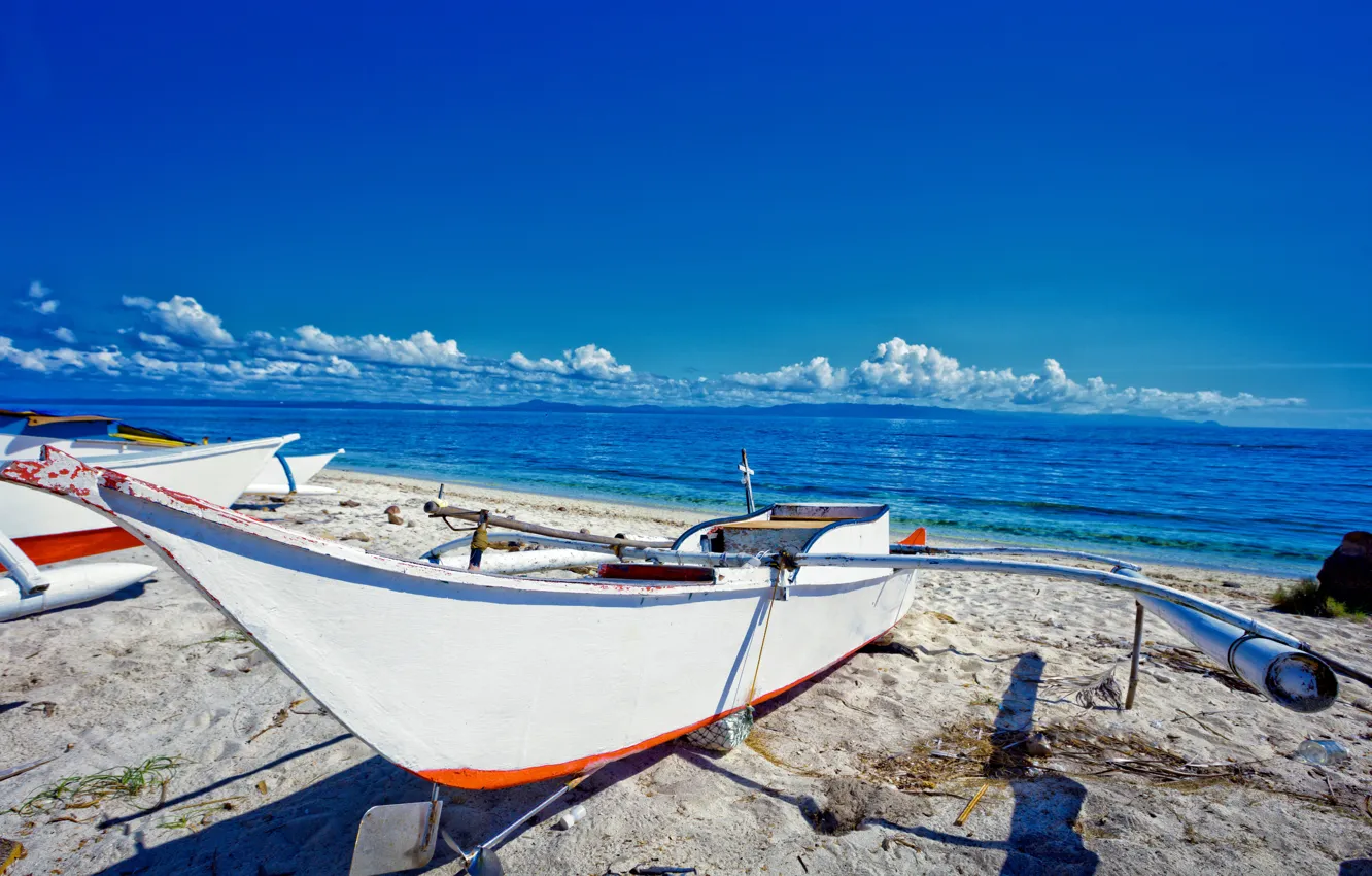 Photo wallpaper sand, sea, beach, the sky, the sun, clouds, shore, boat