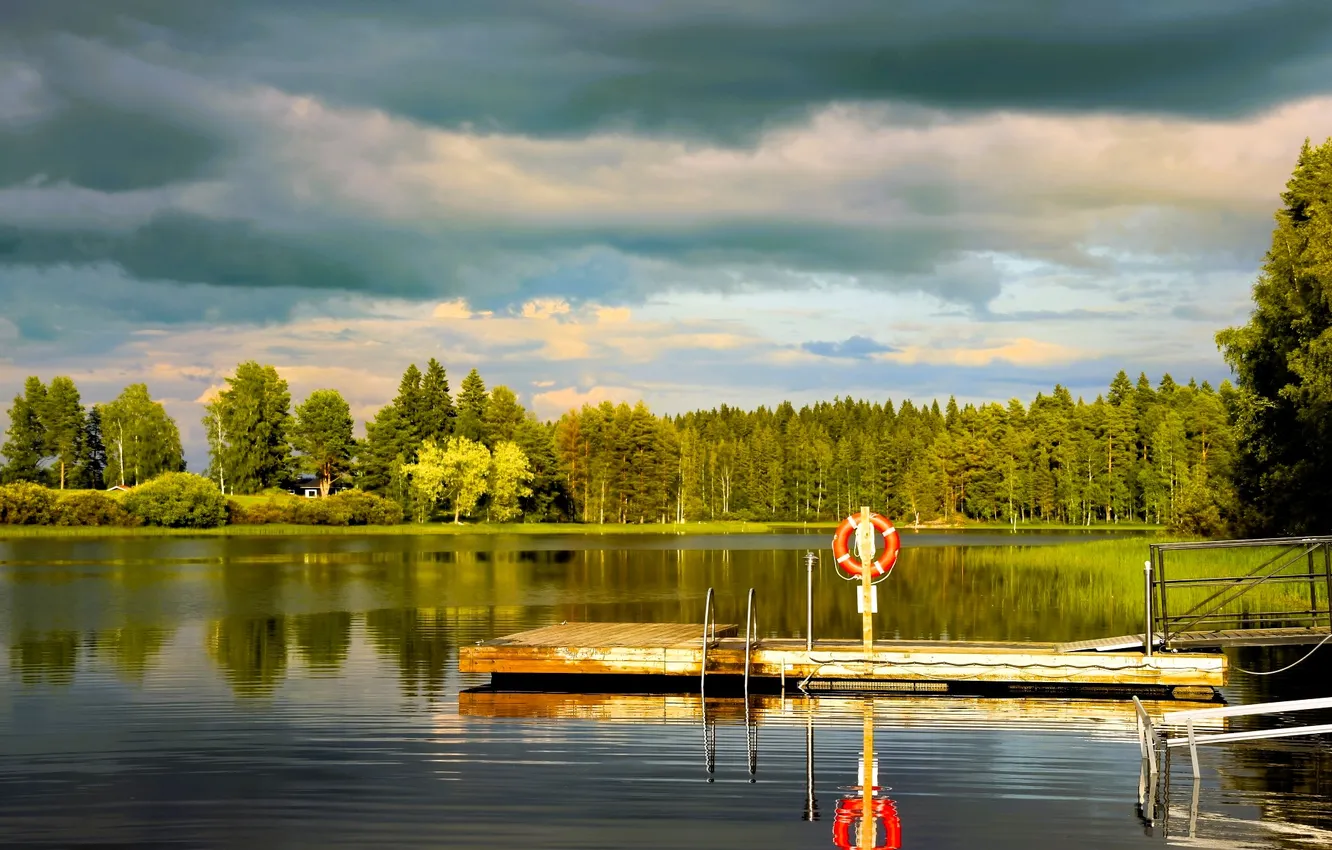 Photo wallpaper forest, the sky, clouds, lake, pier, lifeline