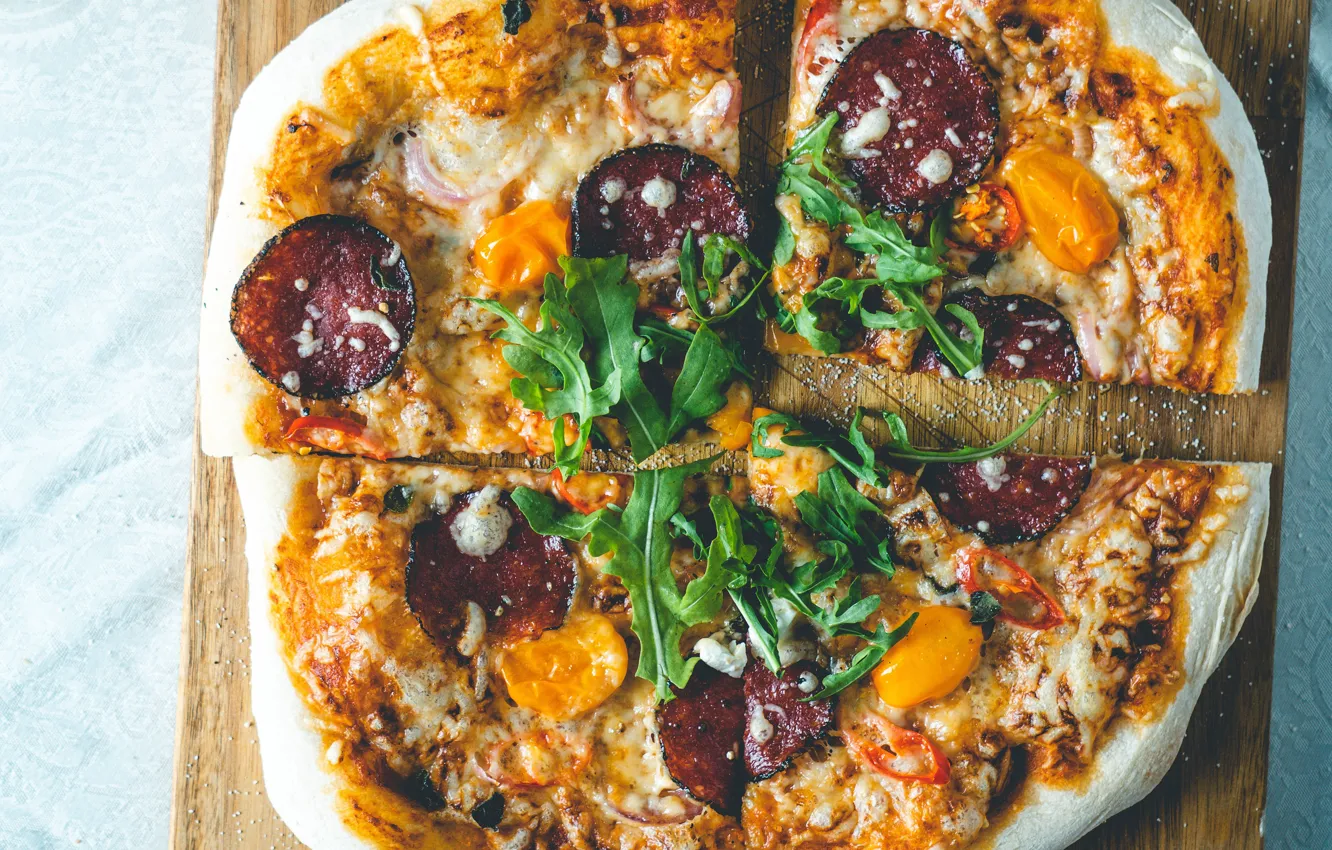 Photo wallpaper greens, table, cheese, chopped, vegetables, pizza, sausage, piece