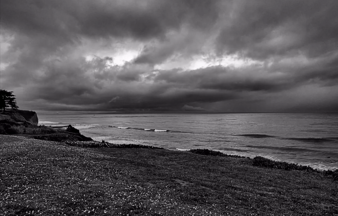 Photo wallpaper sea, the sky, clouds, clouds, nature, shore, black and white, monochrome